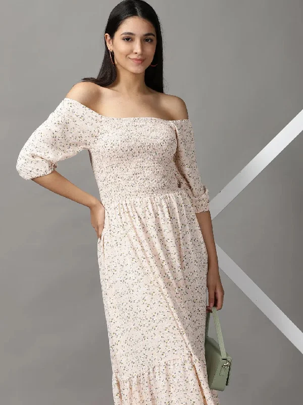 Women's Peach Floral Fit and Flare Dress-AE-15717-Peach