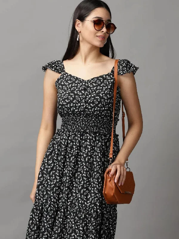 Women's Black Floral Fit and Flare Dress-SRA-1404-Black