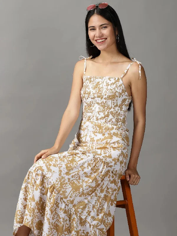 Women's White Printed Fit and Flare Dress-AE-15705-Whitetan