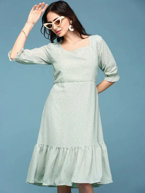 Women's Green Printed Fit and Flare Dress-AE-15847-Green