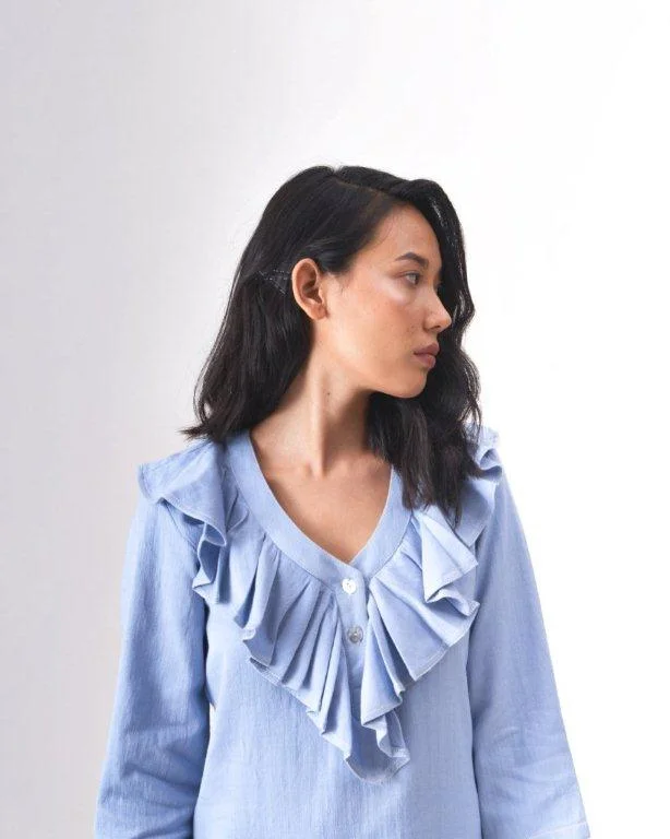 FIONA - KHADI DENIM BLUE RUFFLE DRESS