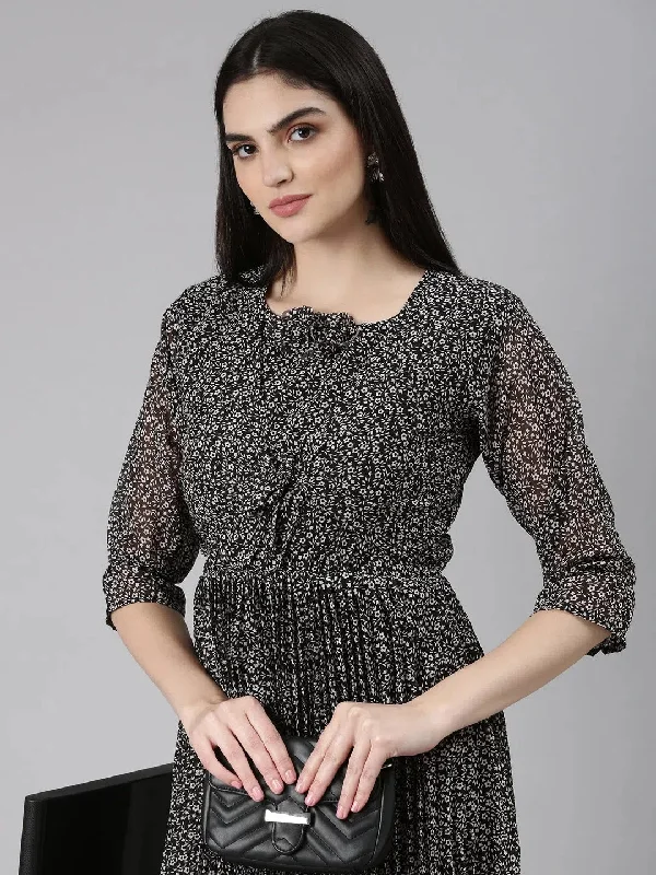 Women Black Floral Fit and Flare Dress-EA-1068-Black