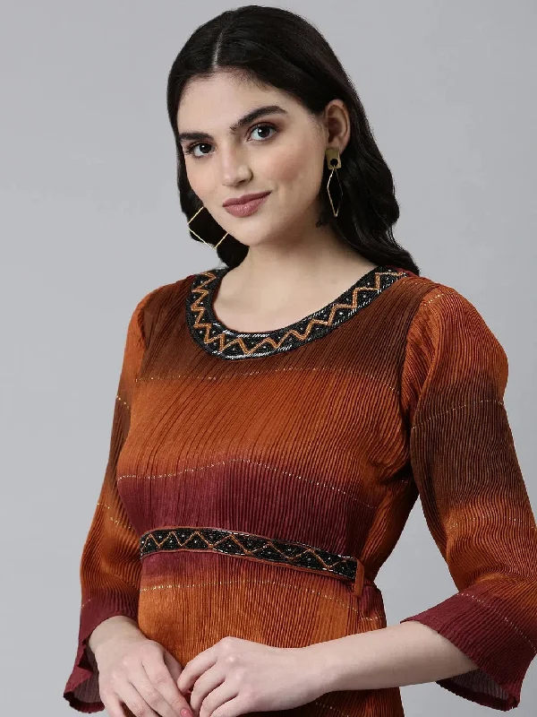 Women Camel Brown Colourblock Fit and Flare Dress-SKC-1195-Camelbrown