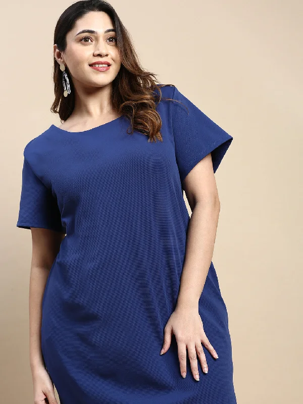 Women Blue Solid A-Line Dress-DQ-18-969-3W-Blue