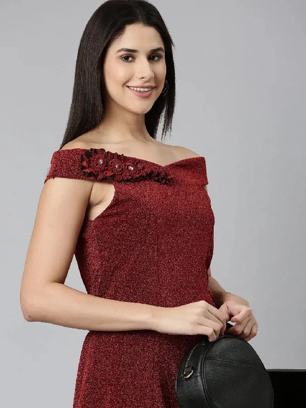Women Maroon Embellished A-Line Dress-TE-119-Maroon