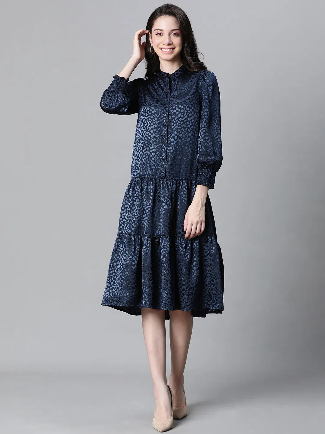Women Soild Blue Round Neck Long Sleeve Casual Dress-W23228WDR005