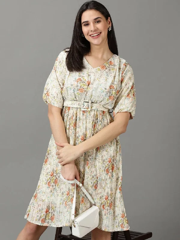 Women's Off White Printed Fit and Flare Dress-HQ-041-1-Offwhite