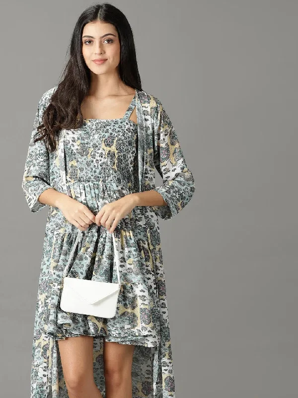 Women's Sea Green Printed Fit and Flare Dress-AE-15892-Seagreen