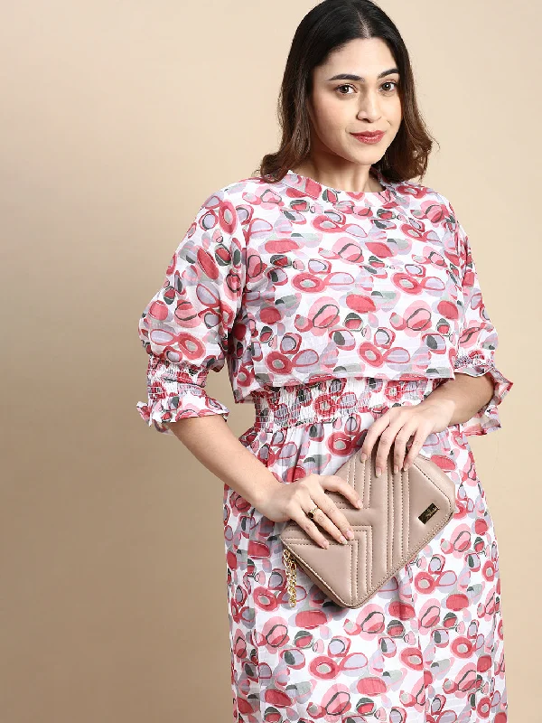 Women Puff Pink Geometric Fit and Flare Dress-AE-15871-Pink
