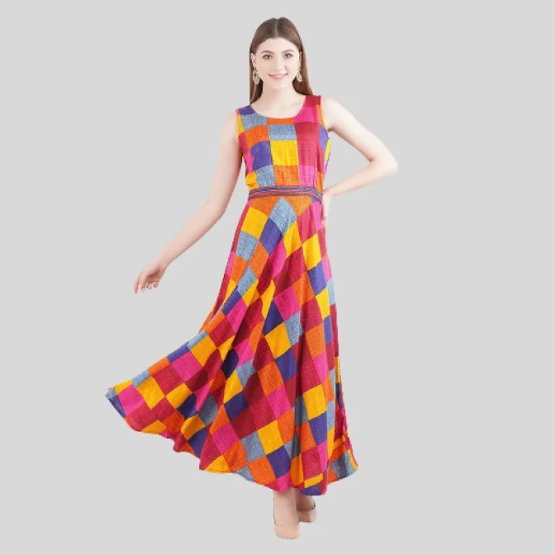 Arayna Women's Rayon Multicolored Printed A-Line Dress