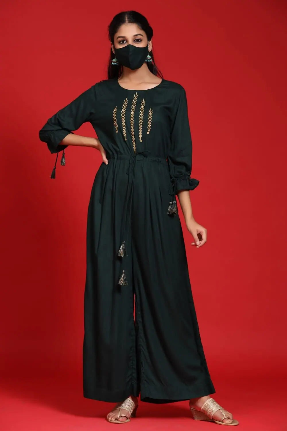Juniper Jade Green Shantoon Gold Foil Print Layered Kurta Dress