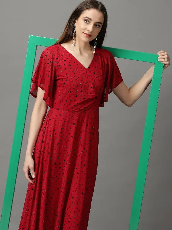 Women's Burgundy Printed Fit and Flare Dress-LG-20789-Burgundy