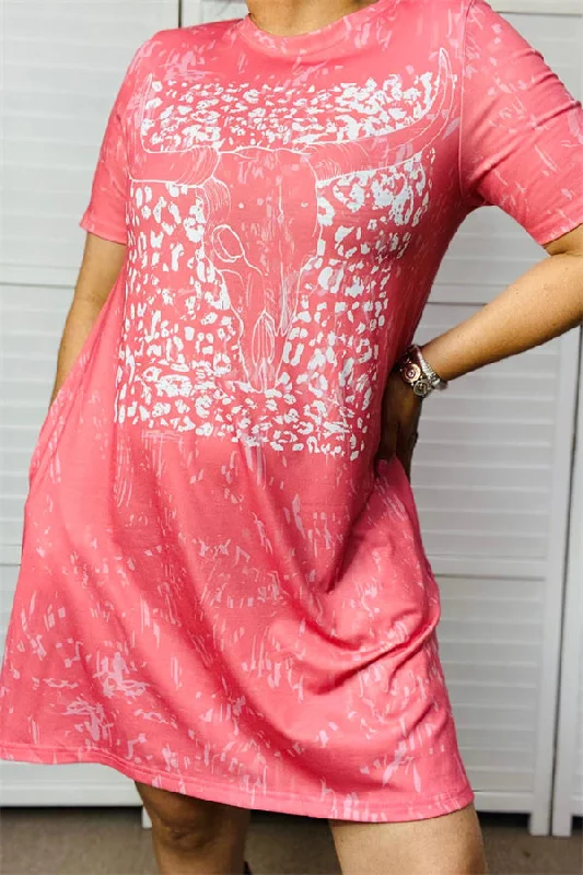 XCH14091 Bull & leopard prints coral color fabric short sleeve women dress w/pockets