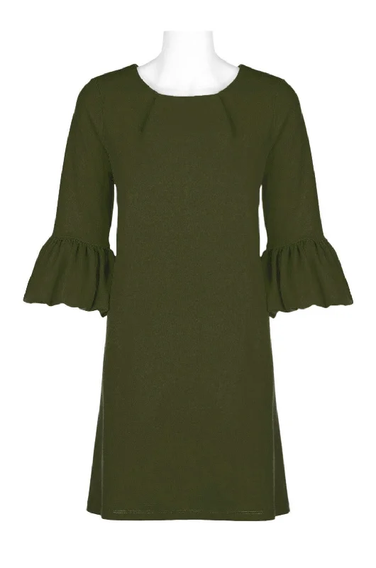 Scoop Neck Circular Flounce Sleeve Pleated Zipper Back Solid Stretch Crepe Dress
