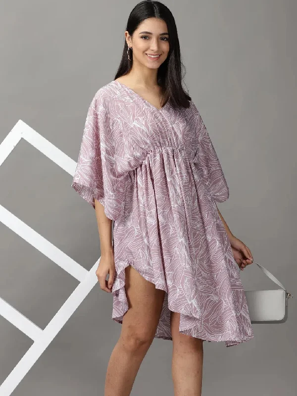 Women's Mauve Printed Fit and Flare Dress-AE-15777-Mauve