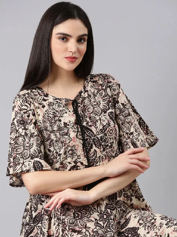 Women Beige Floral A-Line Dress-RE-SKF-352-Beige