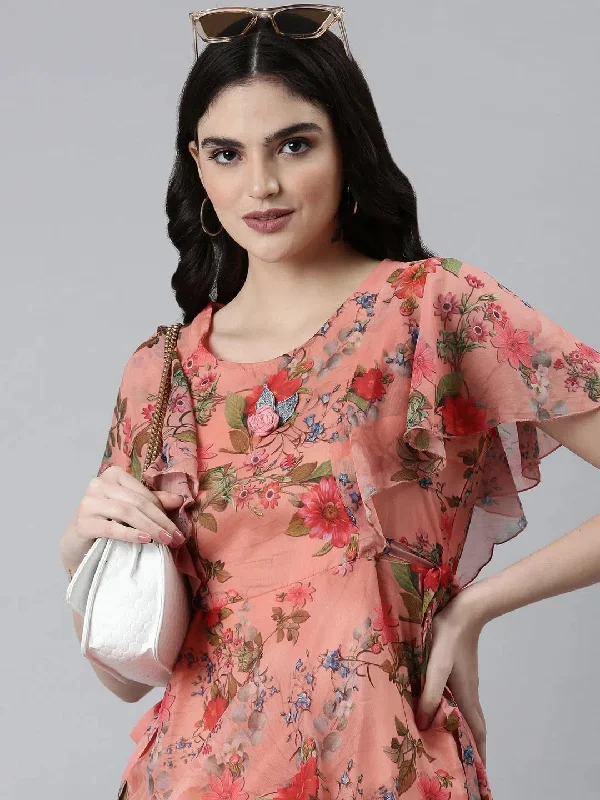 Women Orange Floral Fit and Flare Dress-DW-1041-Orange
