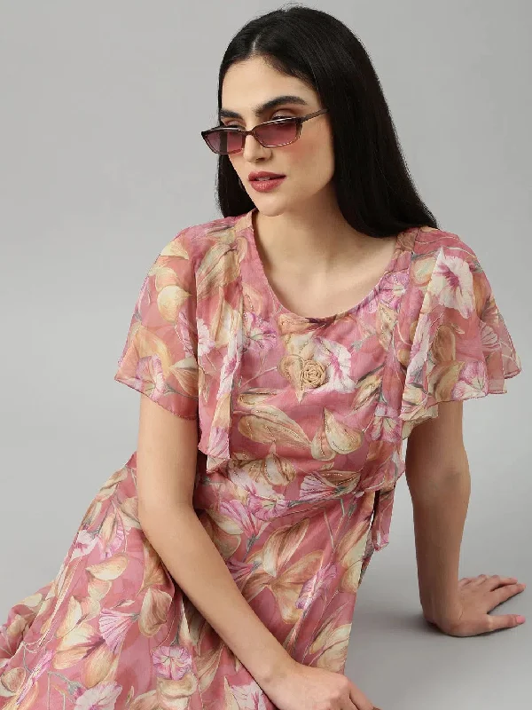 Women Peach Floral Fit and Flare Dress-DW-4705-Peach