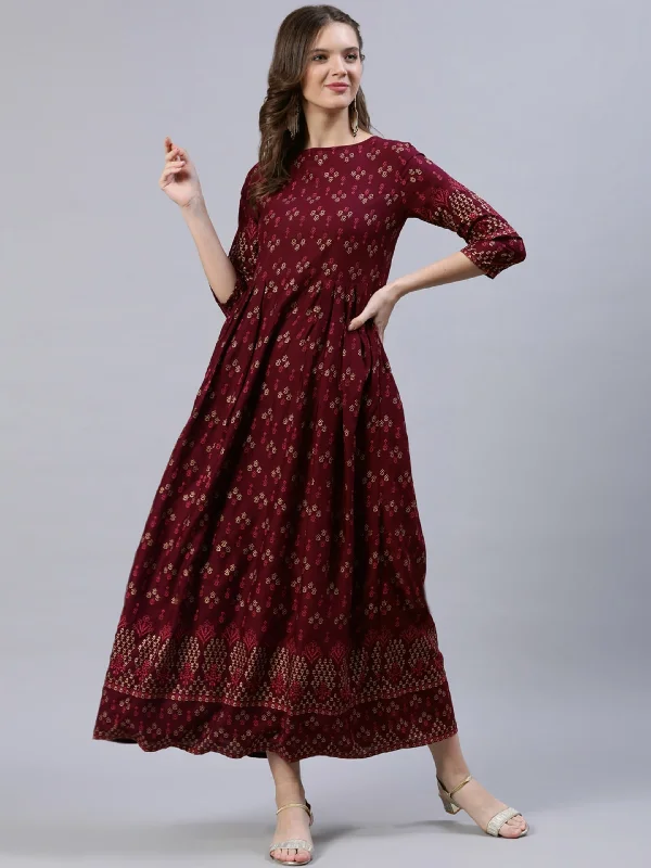 Arayna Women's Rayon Printed Anarkali Ankle Length Kurta Dress For Women, Maroon