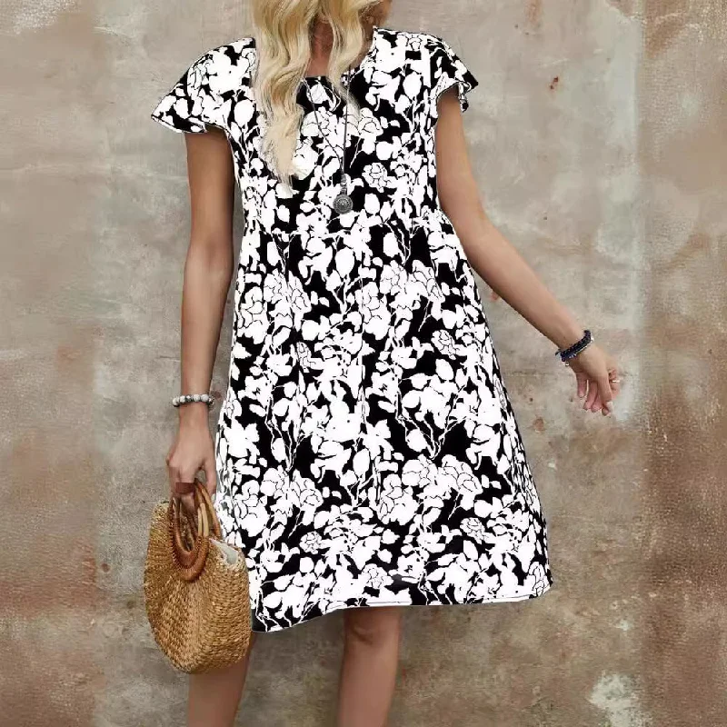 V-neck Ruffle Printed Dress Women