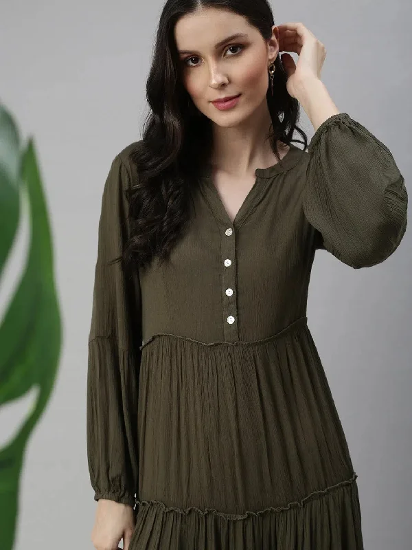 Women Olive Solid Fit and Flare Dress-ON-543-Olive