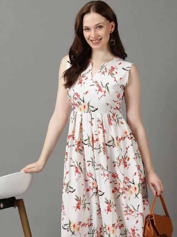 Women's White Printed Fit and Flare Dress-AE-15747-White