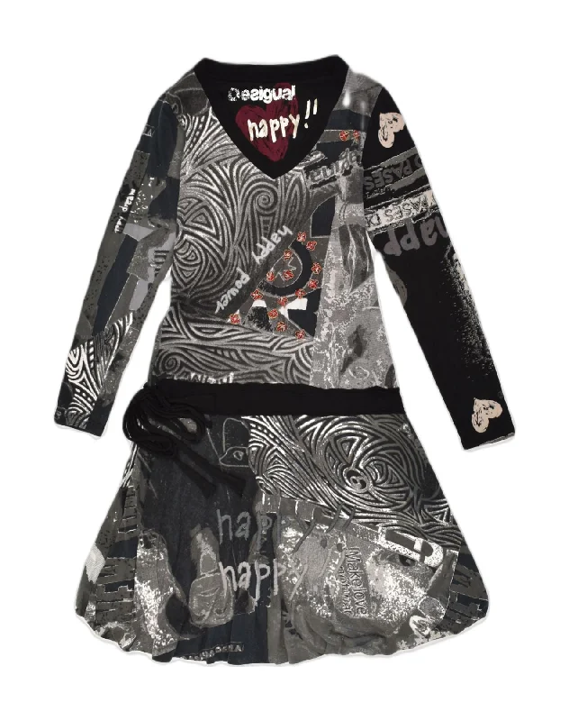 DESIGUAL Womens Graphic Long Sleeve Drop Waist Dress UK 10 Small Grey