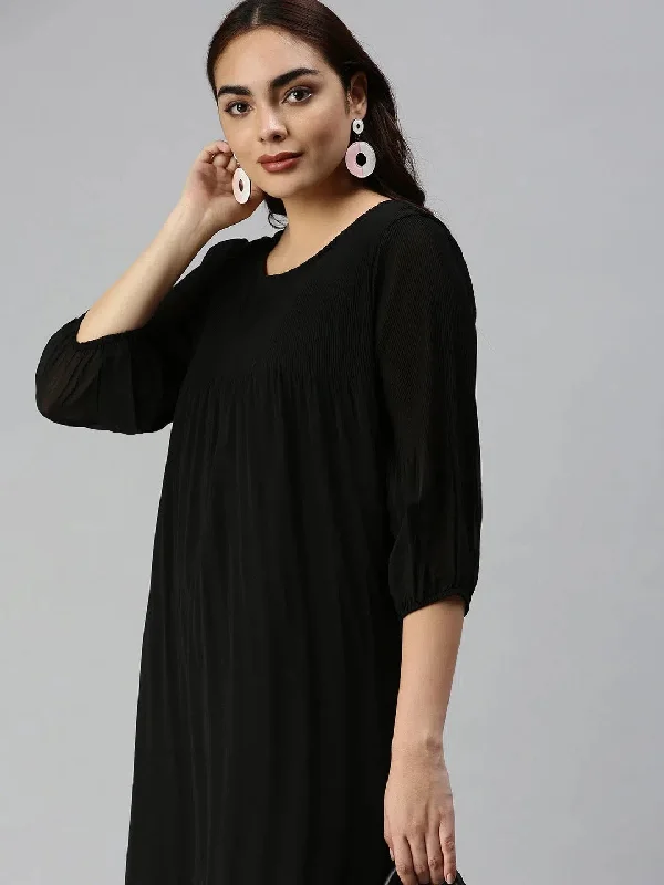Women's Black Solid A-Line Dress-DW-337-Black
