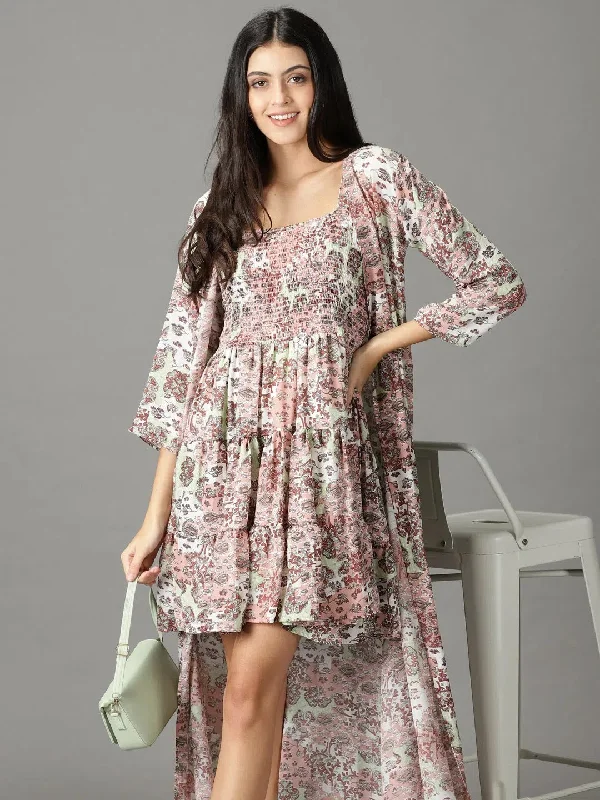 Women's Peach Printed Fit and Flare Dress-AE-15892-Peach
