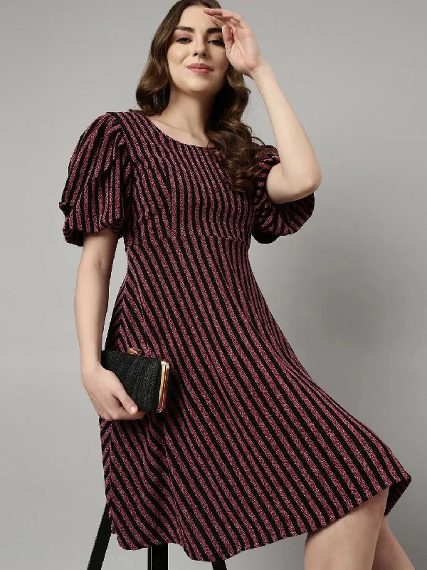 Women Pink Striped Fit and Flare Dress-SRA-7056-Pink