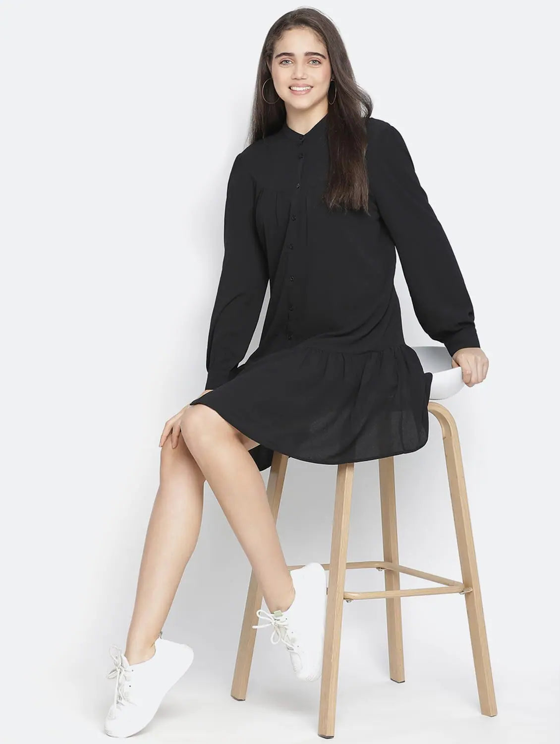 Soild Black Mania Button- Down Women Dress