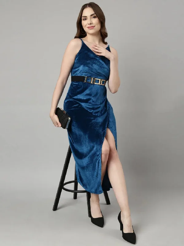 Women Blue Solid A-Line Dress-HQ-105-Blue