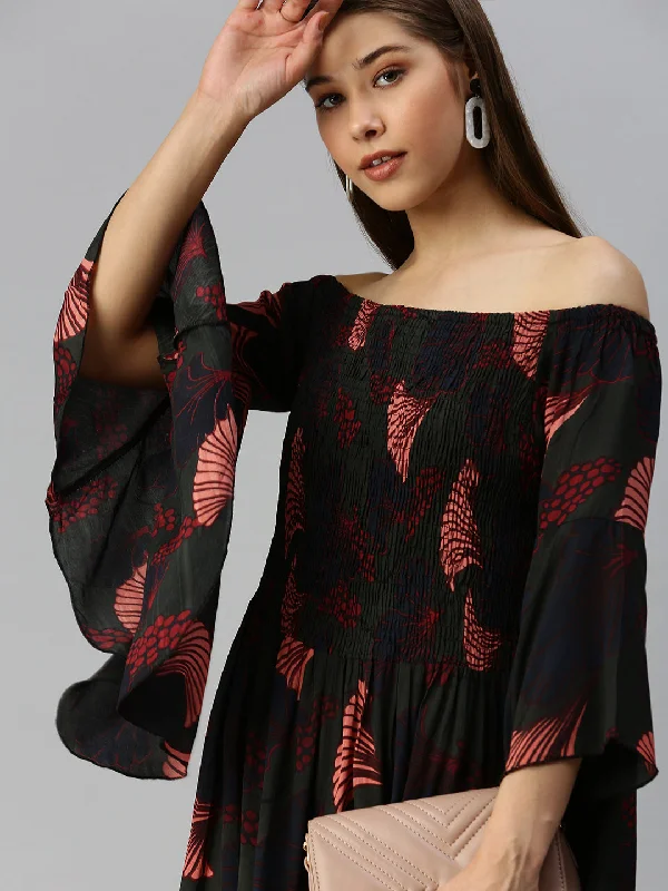 Women Off-Shoulder Printed Fit and Flare Green Dress-ON-S07-Green
