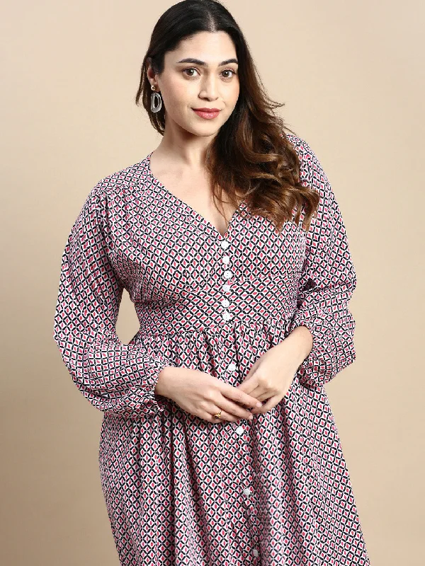 Women Puff Pink Geometric Fit and Flare Dress-AE-15760-Pink