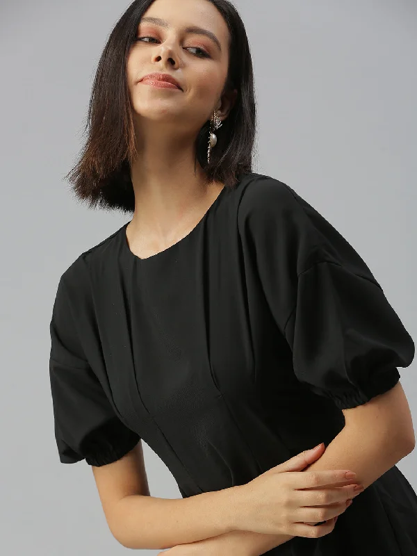 Women Solid A-Line Black Dress-AE-9893-Black