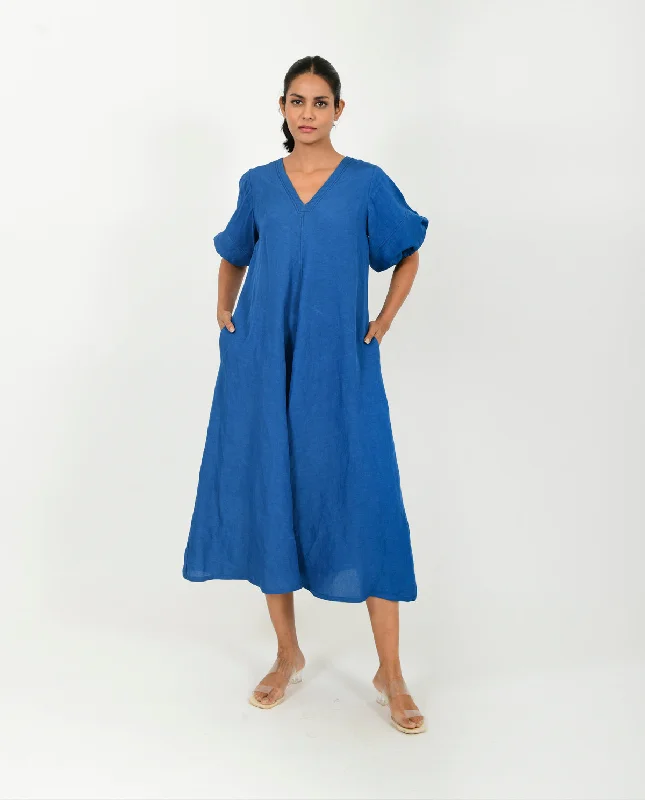Classic Blue Cotton Dress With Puffed Sleeves