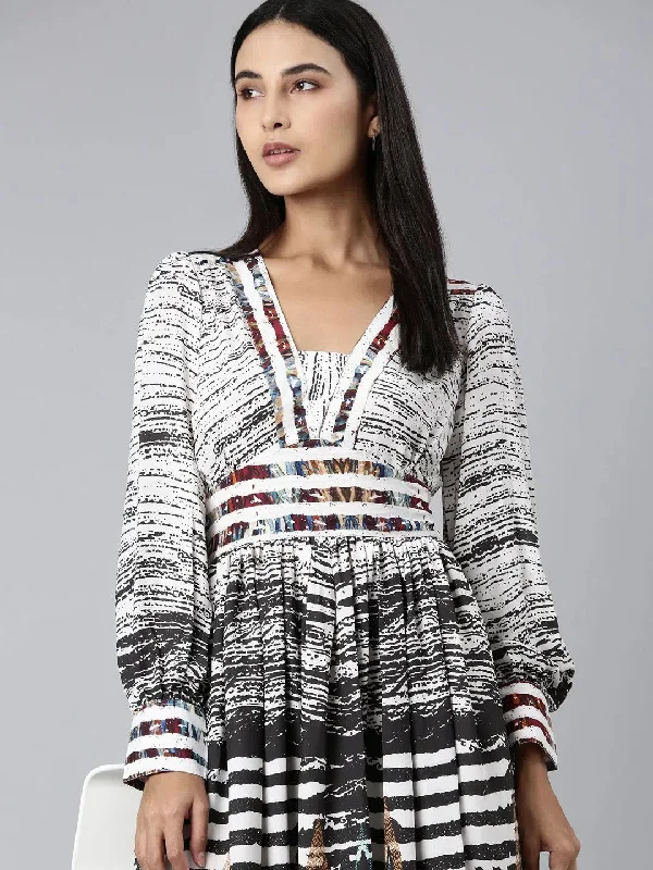 Women Off White Printed Fit and Flare Dress-ON-0042-Offwhite
