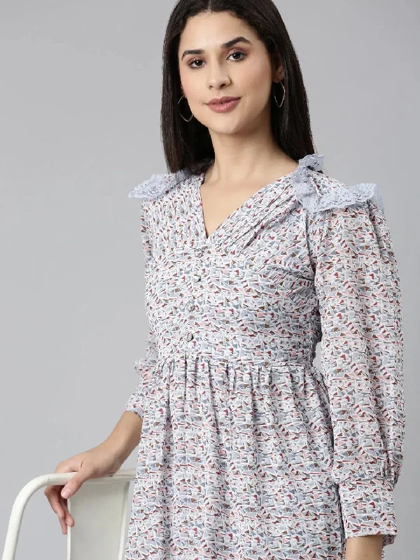 Women Blue Printed Fit and Flare Dress-HQ-49-Blue