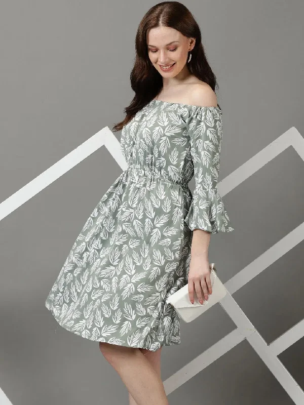 Women's Green Printed Fit and Flare Dress-AE-9885-Green