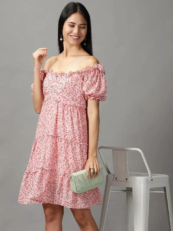 Women's Pink Floral Fit and Flare Dress-HQ-6-Pink