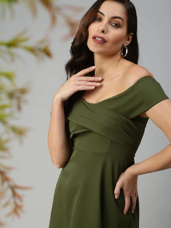Women Boat Neck Solid Fit and Flare Olive Dress-SH-6168-Olive