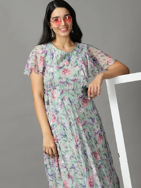 Women's Green Printed Empire Dress-DW-3254-Green