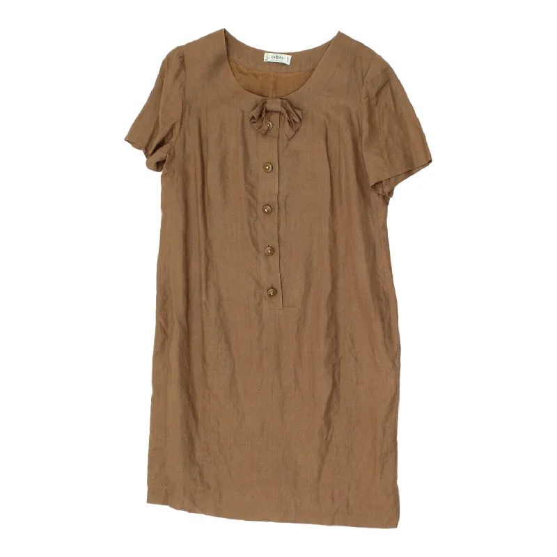 Carisma Womens Brown Linen Short Sleeve Button Up Dress | Vintage High End VTG