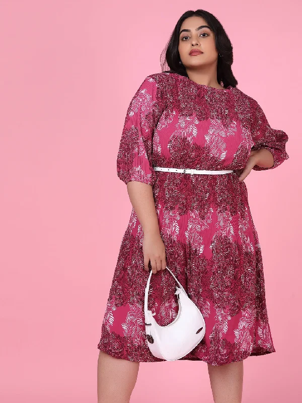 Women Abstract Pink A Line Dress with Belt-8I-7116-Pink