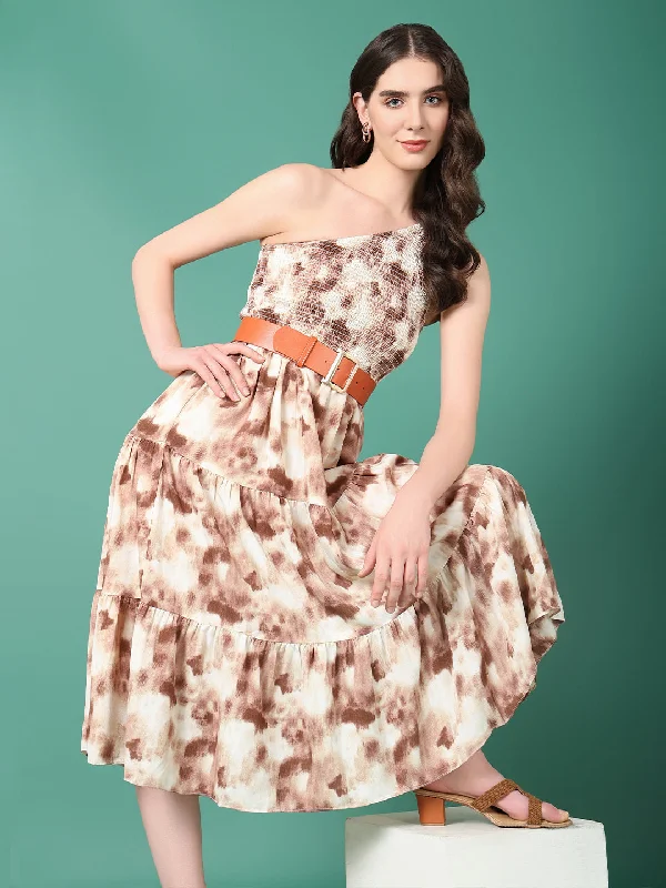 Women Brown Dyed Fit and Flare Dress With Belt-KG-6409-Brown