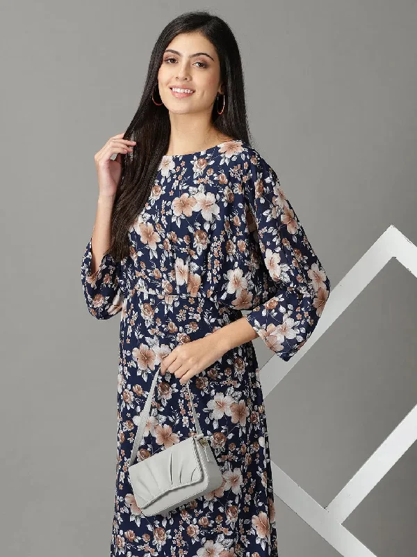 Women's Navy Blue Printed A-Line Dress-AE-15875-Navyblue