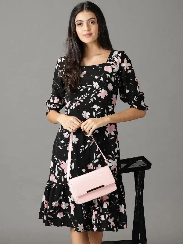 Women's Black Printed Fit and Flare Dress-AE-15846-Black