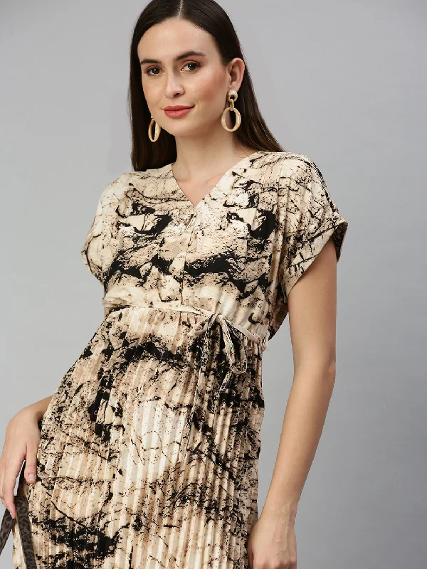 Women V-Neck Printed A-Line Beige Dress-SP-893-Beigeblack