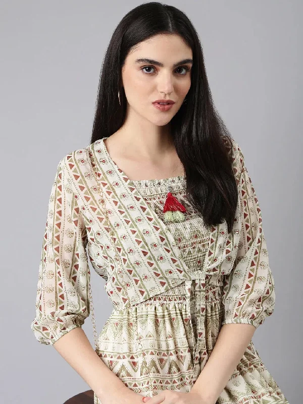 Women Cream Printed Fit and Flare Dress-BC-BK-443-Cream