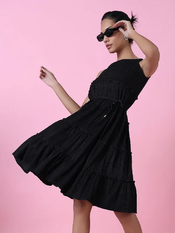Women Black Solid Fit and Flare Dress-HQ-299-Black